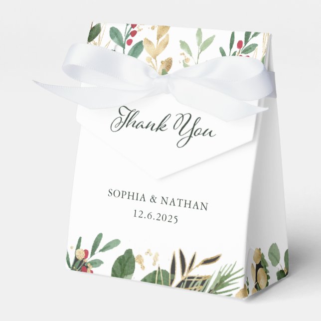 Gilded Greenery on White | Christmas Wedding Favor Boxes (Front Side)