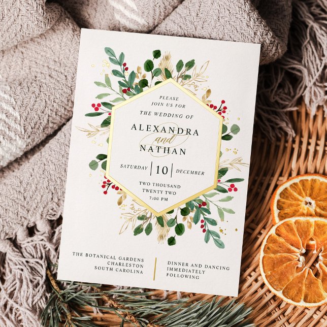Gilded Greenery on White | Christmas Wedding Foil Invitation (Creator Uploaded)