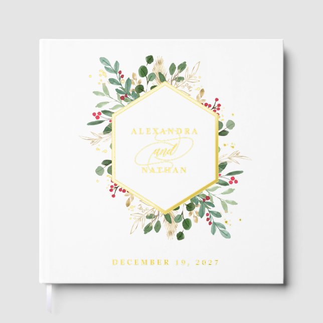 Gilded Greenery on White | Christmas Wedding Gold Foil Guest Book (Front)