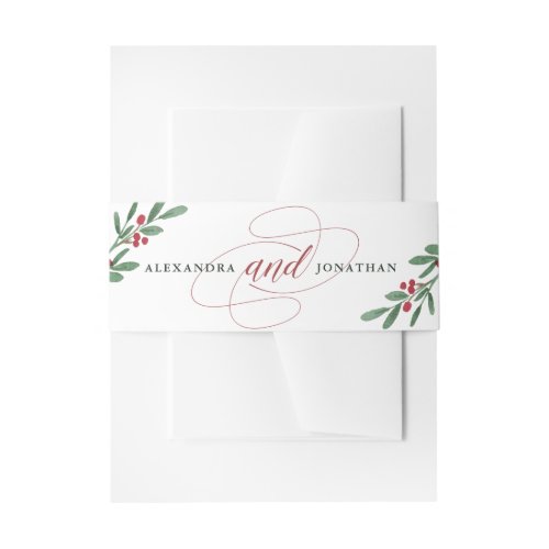 Gilded Greenery on White  Christmas Wedding Invitation Belly Band