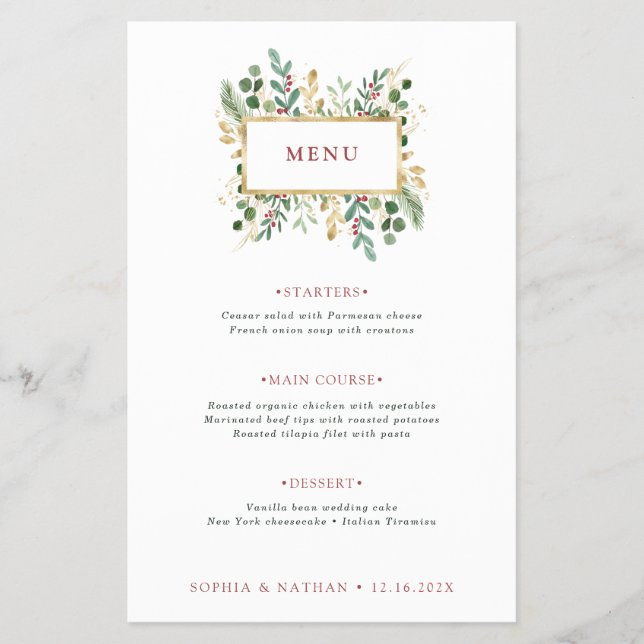Gilded Greenery on White | Christmas Wedding Menu Flyer (Front)