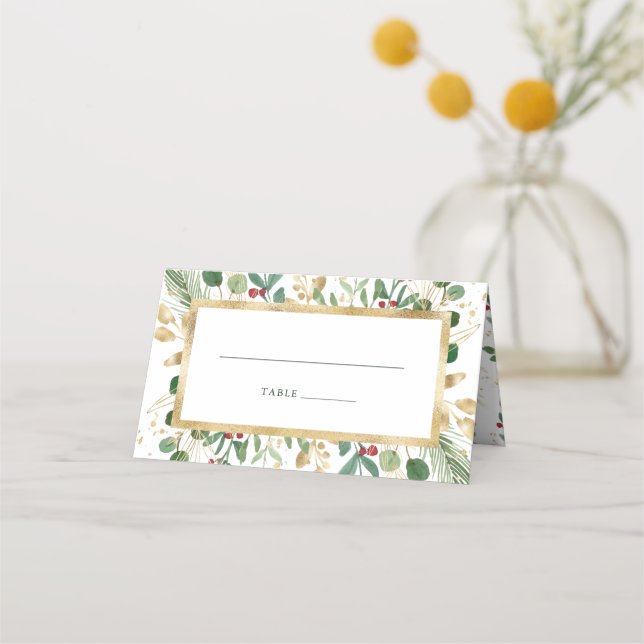 Gilded Greenery on White | Christmas Wedding Place Card (Front)