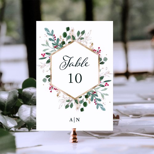 Gilded Greenery on White  Christmas Wedding Table Number