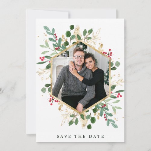 Gilded Greenery on White  Geometric Photo Holiday Save The Date