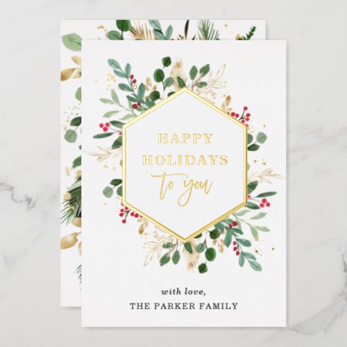 Gilded Greenery on White  Happy Holidays Gold Foil Holiday Card