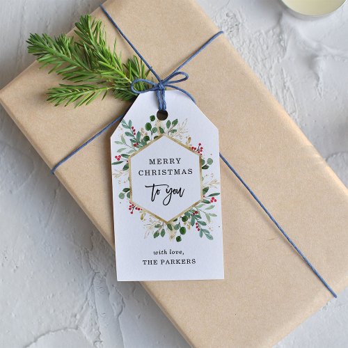 Gilded Greenery on White  Merry Christmas Gift Tags