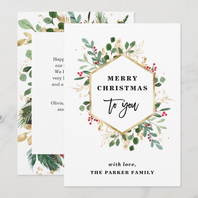 Gilded Greenery on White | Merry Christmas Holiday Card (Front/Back)