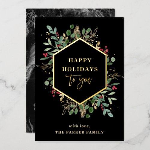 Gilded Greenery Photo Back  Happy Holidays Gold Foil Holiday Card