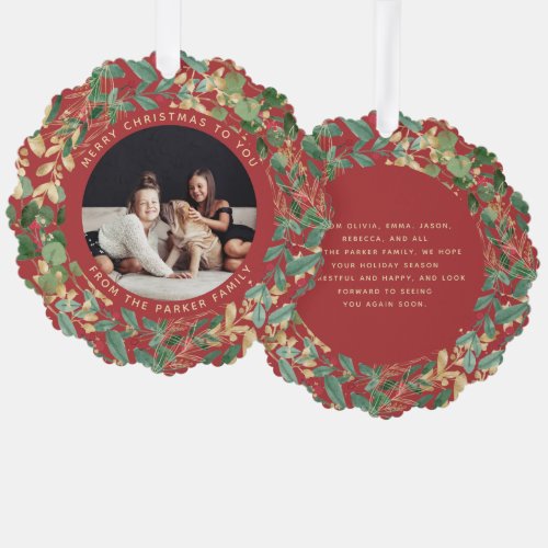 Gilded Greenery Red  Family Photo Christmas Ornament Card