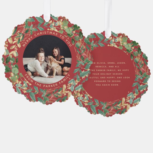 Gilded Greenery Red | Family Photo Christmas Ornament Card (Front/Back)