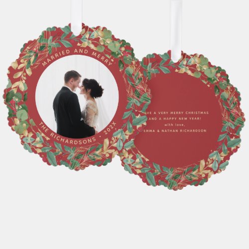 Gilded Greenery Red  Married and Merry Photo Ornament Card