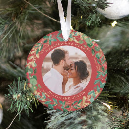 Gilded Greenery Red Married and Merry Two Photo Ornament