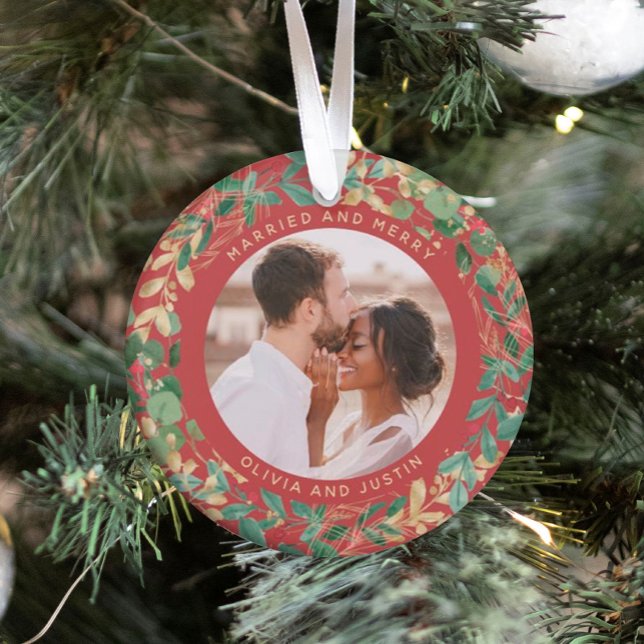 Gilded Greenery Red | Married and Merry Two Photo Ornament (Creator Uploaded)