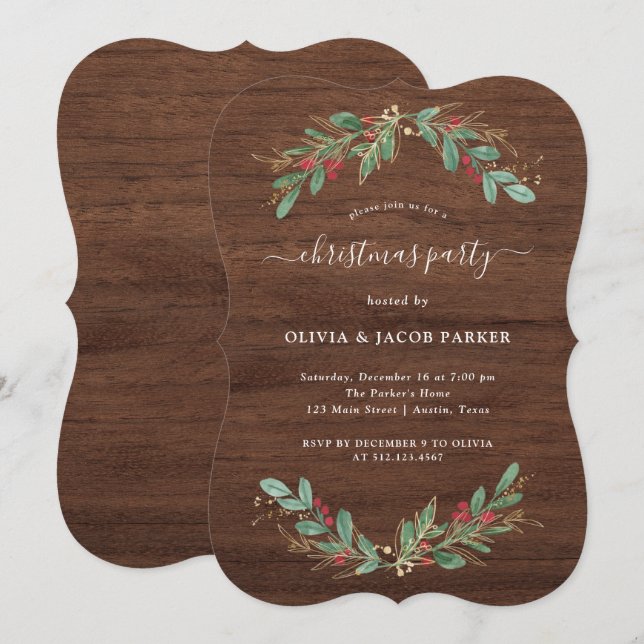 Gilded Greenery Rustic Christmas or Holiday Party Invitation (Front/Back)