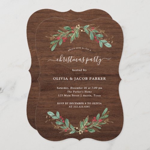 Gilded Greenery Rustic Christmas or Holiday Party Invitation
