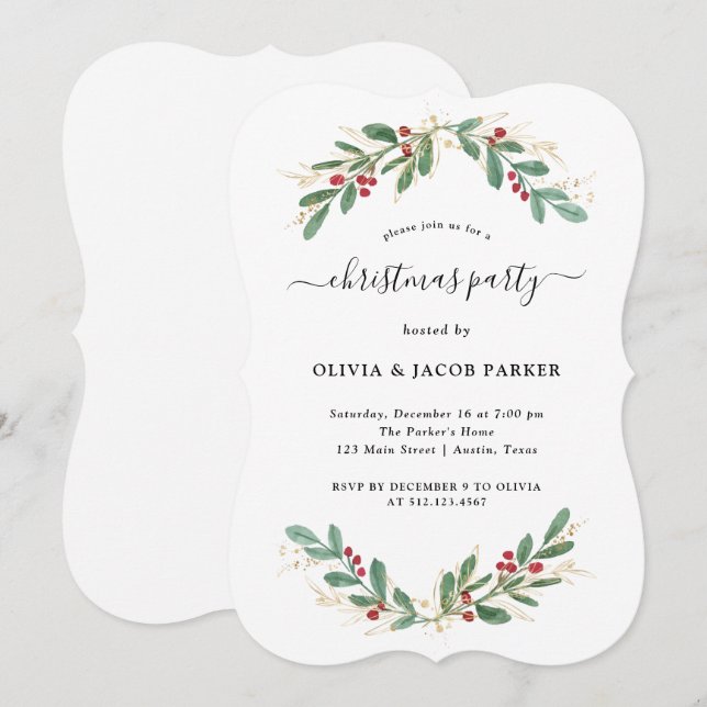Gilded Greenery White | Christmas or Holiday Party Invitation (Front/Back)