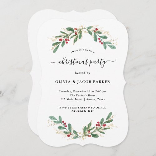 Gilded Greenery White  Christmas or Holiday Party Invitation