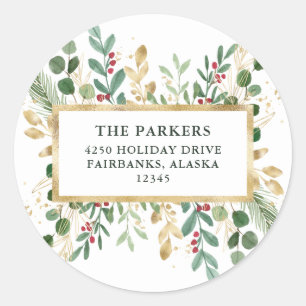 Gilded Greenery White Christmas Return Address Classic Round Sticker
