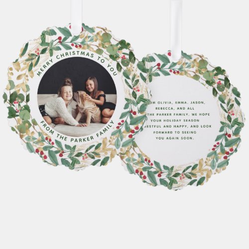 Gilded Greenery White  Family Photo Christmas Ornament Card
