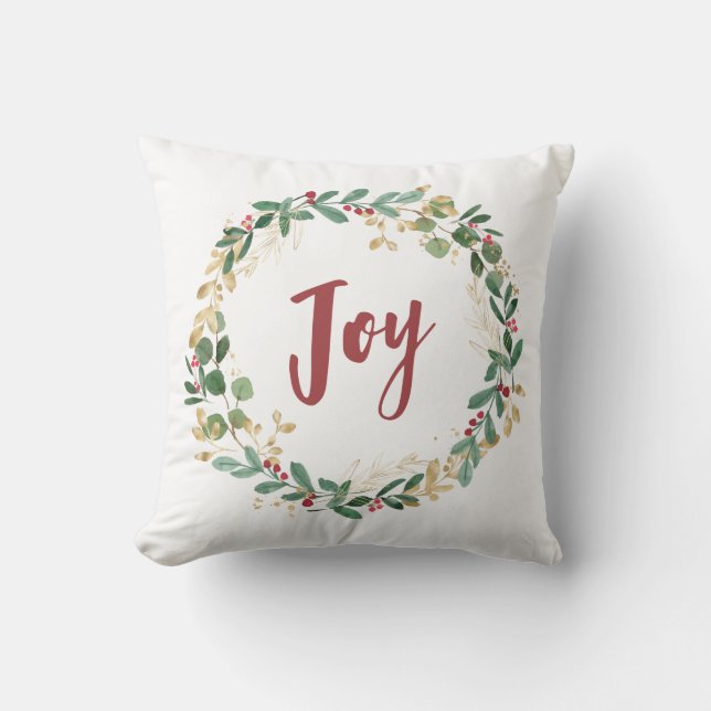 Gilded Greenery White | Gold Christmas Joy Throw Pillow (Front)