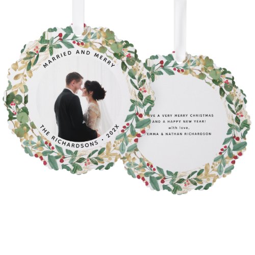 Gilded Greenery White | Married and Merry Photo Ornament Card