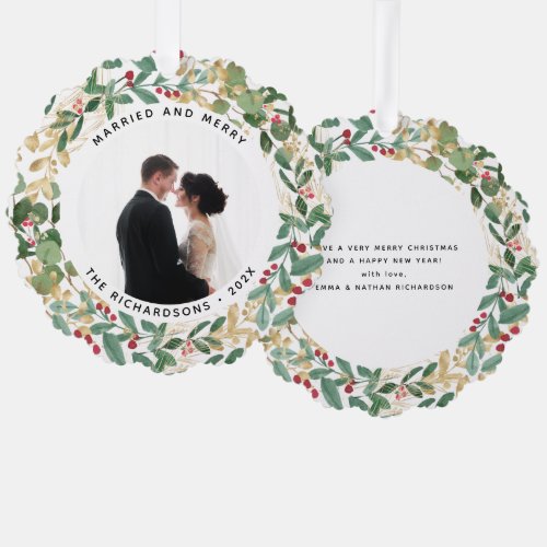 Gilded Greenery White  Married and Merry Photo Ornament Card