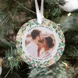 Gilded Greenery White Married and Merry Two Photo Ornament