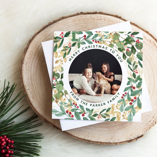 Gilded Greenery White  Multi Photo Christmas Tri_Fold Holiday Card