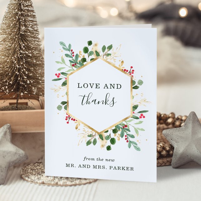Gilded Greenery White | Photo Christmas Wedding Thank You Card (An elegant thank you card for your Christmas wedding)