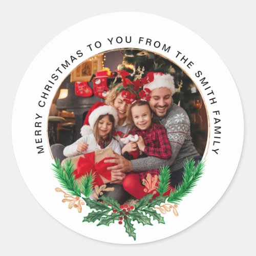 Gilded Greenery White  Wreath and Photo Christmas Classic Round Sticker