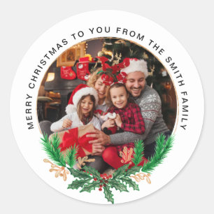 Gilded Greenery White   Wreath and Photo Christmas Classic Round Sticker