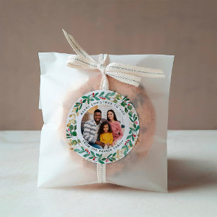Gilded Greenery White   Wreath and Photo Christmas Classic Round Sticker
