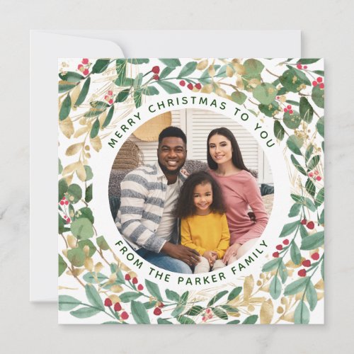Gilded Greenery White  Wreath and Photo Christmas Holiday Card