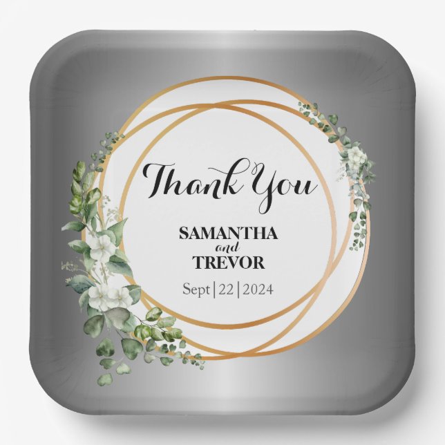 Gilded Greens: Custom Botanical Sticker  Paper Plates (Front)