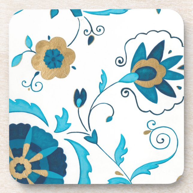 Gilded Indigo Flowers with White Background Beverage Coaster (Front)