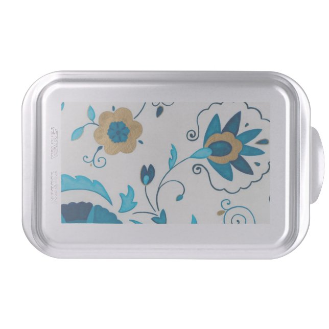 Gilded Indigo Flowers with White Background Cake Pan (Front)