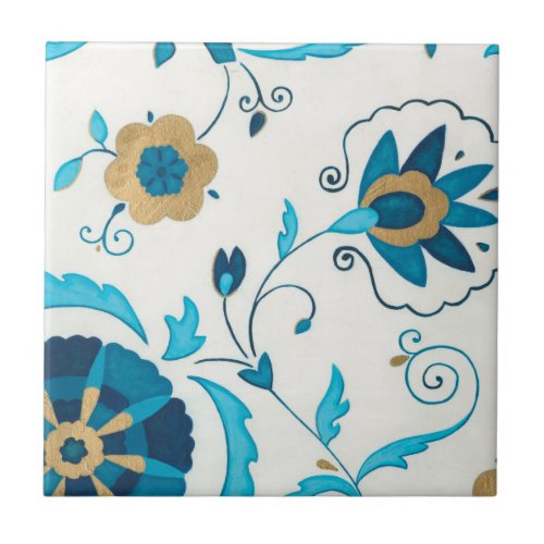 Gilded Indigo Flowers with White Background Ceramic Tile