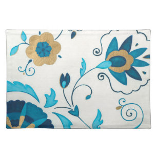Gilded Indigo Flowers with White Background Cloth Placemat