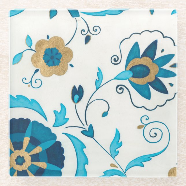 Gilded Indigo Flowers with White Background Glass Coaster (Front)