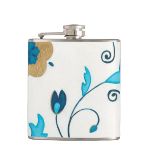 Gilded Indigo Flowers with White Background Hip Flask