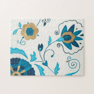 Gilded Indigo Flowers with White Background Jigsaw Puzzle