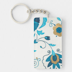 Gilded Indigo Flowers with White Background Keychain