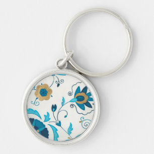 Gilded Indigo Flowers with White Background Keychain