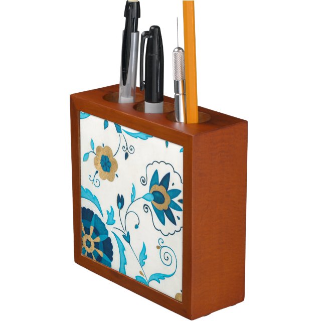Gilded Indigo Flowers with White Background Pencil Holder (In Situ)