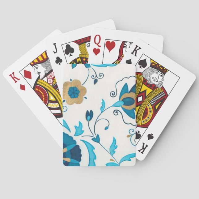 Gilded Indigo Flowers with White Background Poker Cards (Back)