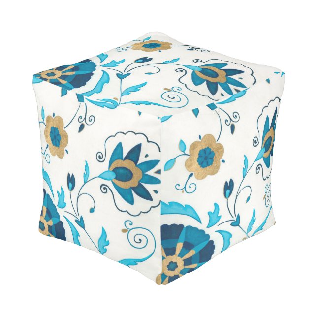 Gilded Indigo Flowers with White Background Pouf (Angled Front)