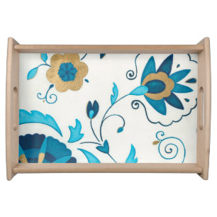 Gilded Indigo Flowers with White Background Serving Tray