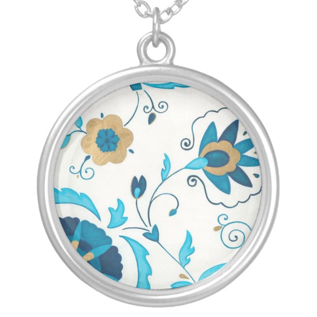 Gilded Indigo Flowers with White Background Silver Plated Necklace (Front)