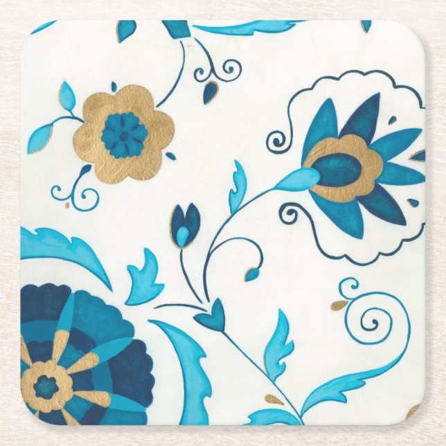 Gilded Indigo Flowers with White Background Square Paper Coaster (Front)