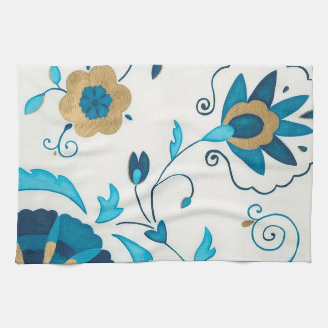 Gilded Indigo Flowers with White Background Towel (Horizontal)